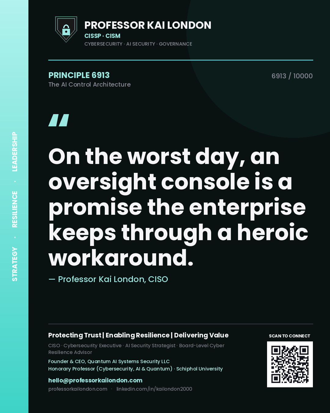 Quote card by Professor Kai London reading 'On the worst day, an oversight console is a promise the enterprise keeps through a heroic workaround.'. From the book The AI Control Architecture.