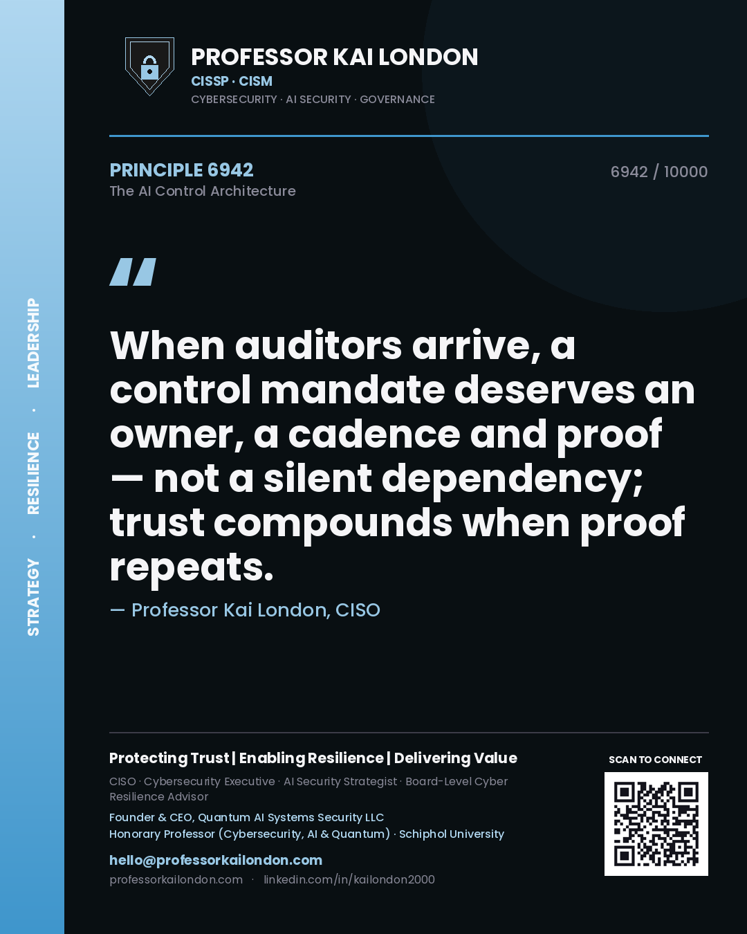 Professor Kai London principle 6942: When auditors arrive, a control mandate deserves an owner, a cadence and proof — not a silent dependency; trust compounds when proof repeats.