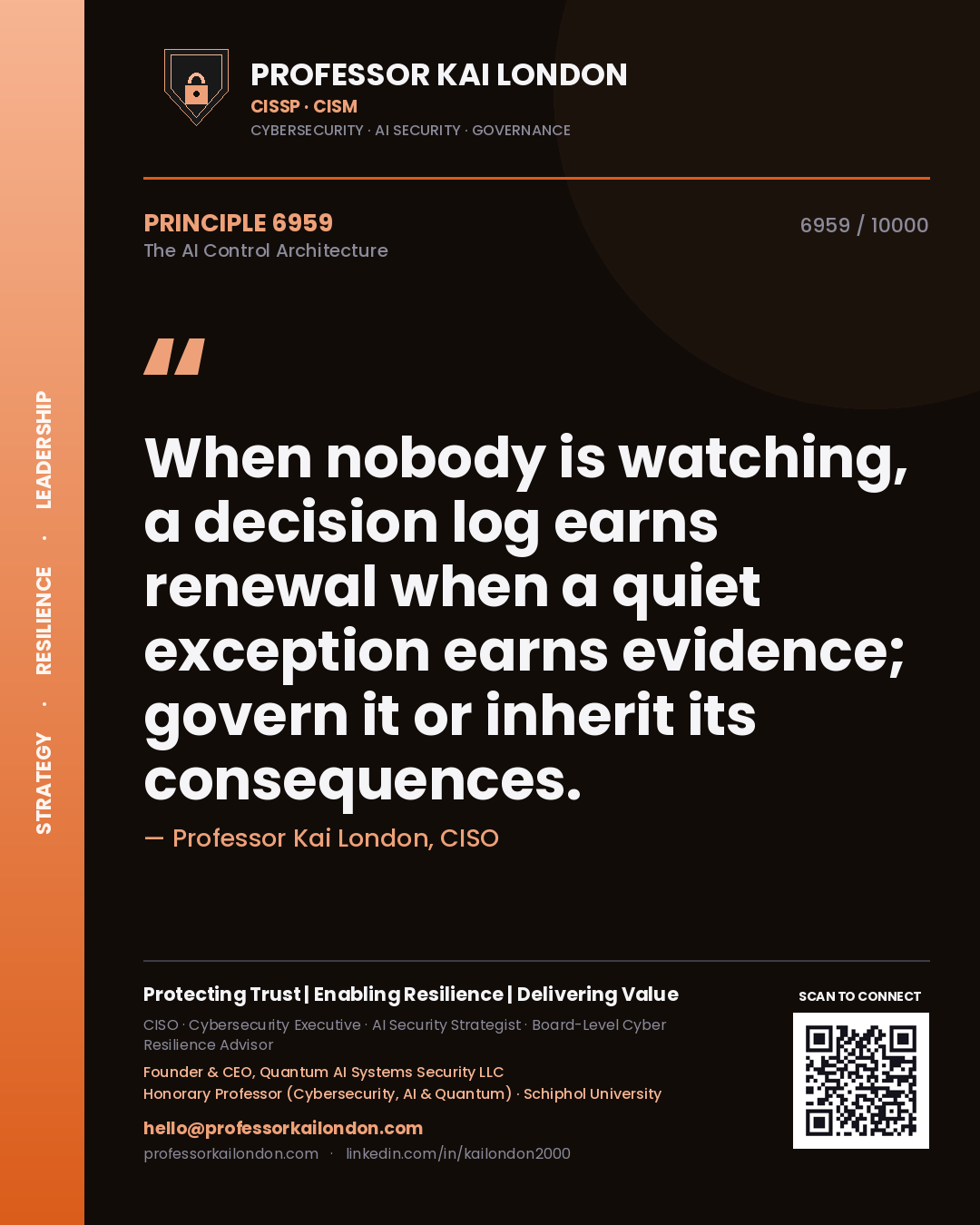 Quote card by Professor Kai London reading 'When nobody is watching, a decision log earns renewal when a quiet exception earns evidence; govern it or inherit its consequences.'. From the book The AI Control Architecture.