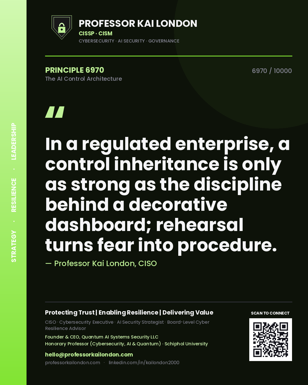 Quote card by Professor Kai London reading 'In a regulated enterprise, a control inheritance is only as strong as the discipline behind a decorative dashboard; rehearsal turns fear into procedure.'. From the book The AI Control Architecture.