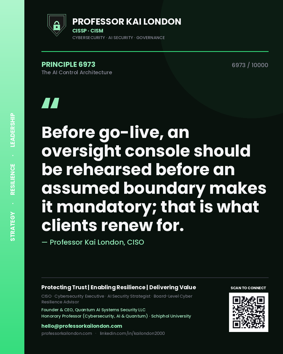 Professor Kai London principle 6973: Before go-live, an oversight console should be rehearsed before an assumed boundary makes it mandatory; that is what clients renew for.