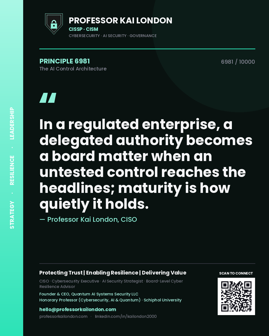 Professor Kai London principle 6981: In a regulated enterprise, a delegated authority becomes a board matter when an untested control reaches the headlines; maturity is how quietly it holds.
