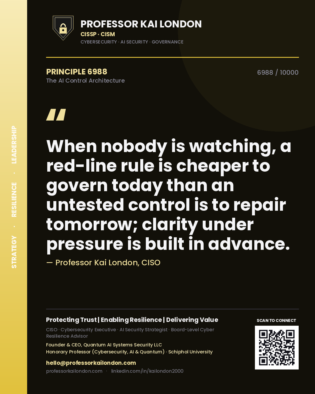 Professor Kai London principle 6988: When nobody is watching, a red-line rule is cheaper to govern today than an untested control is to repair tomorrow; clarity under pressure is built in advance.