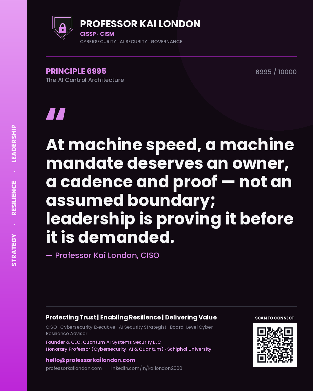 Quote card by Professor Kai London reading 'At machine speed, a machine mandate deserves an owner, a cadence and proof — not an assumed boundary; leadership is proving it before it is demanded.'. From the book The AI Control Architecture.
