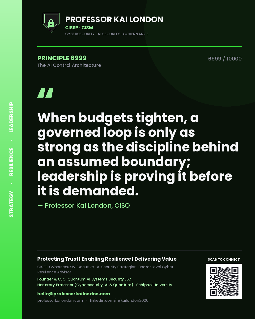 Quote card by Professor Kai London reading 'When budgets tighten, a governed loop is only as strong as the discipline behind an assumed boundary; leadership is proving it before it is demanded.'. From the book The AI Control Architecture.