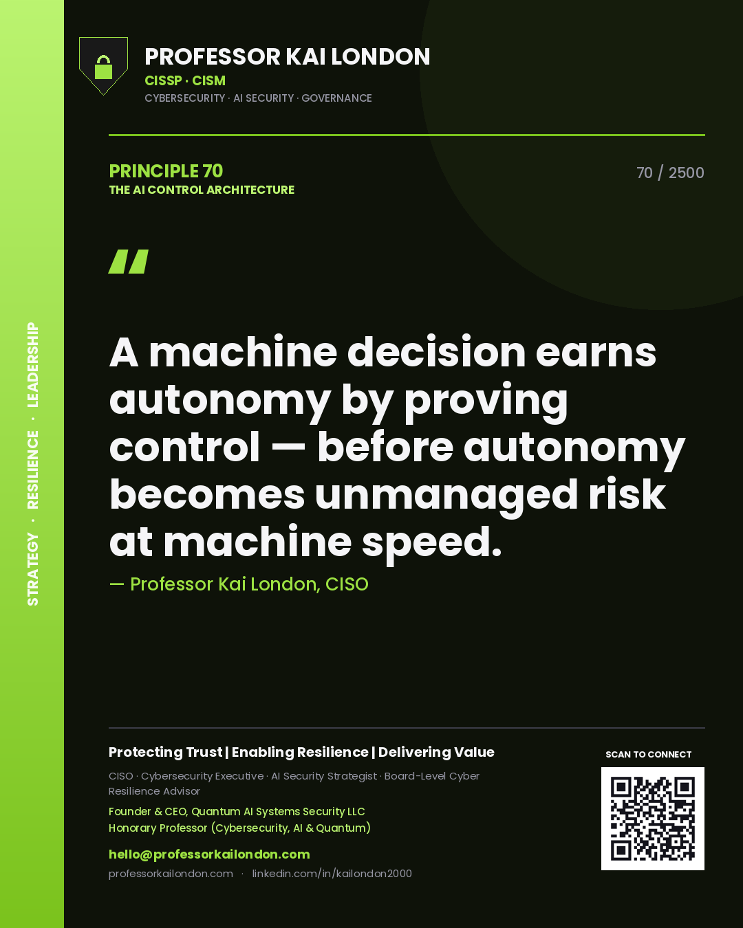 Professor Kai London principle 70: A machine decision earns autonomy by proving control — before autonomy becomes unmanaged risk at machine speed.