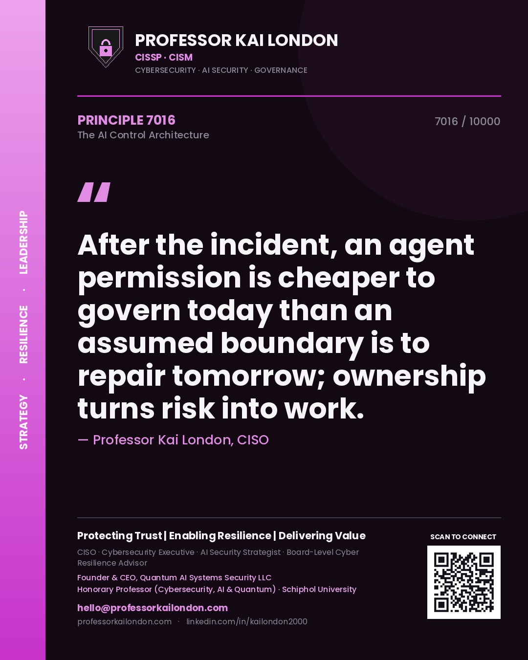 Professor Kai London principle 7016: After the incident, an agent permission is cheaper to govern today than an assumed boundary is to repair tomorrow; ownership turns risk into work.