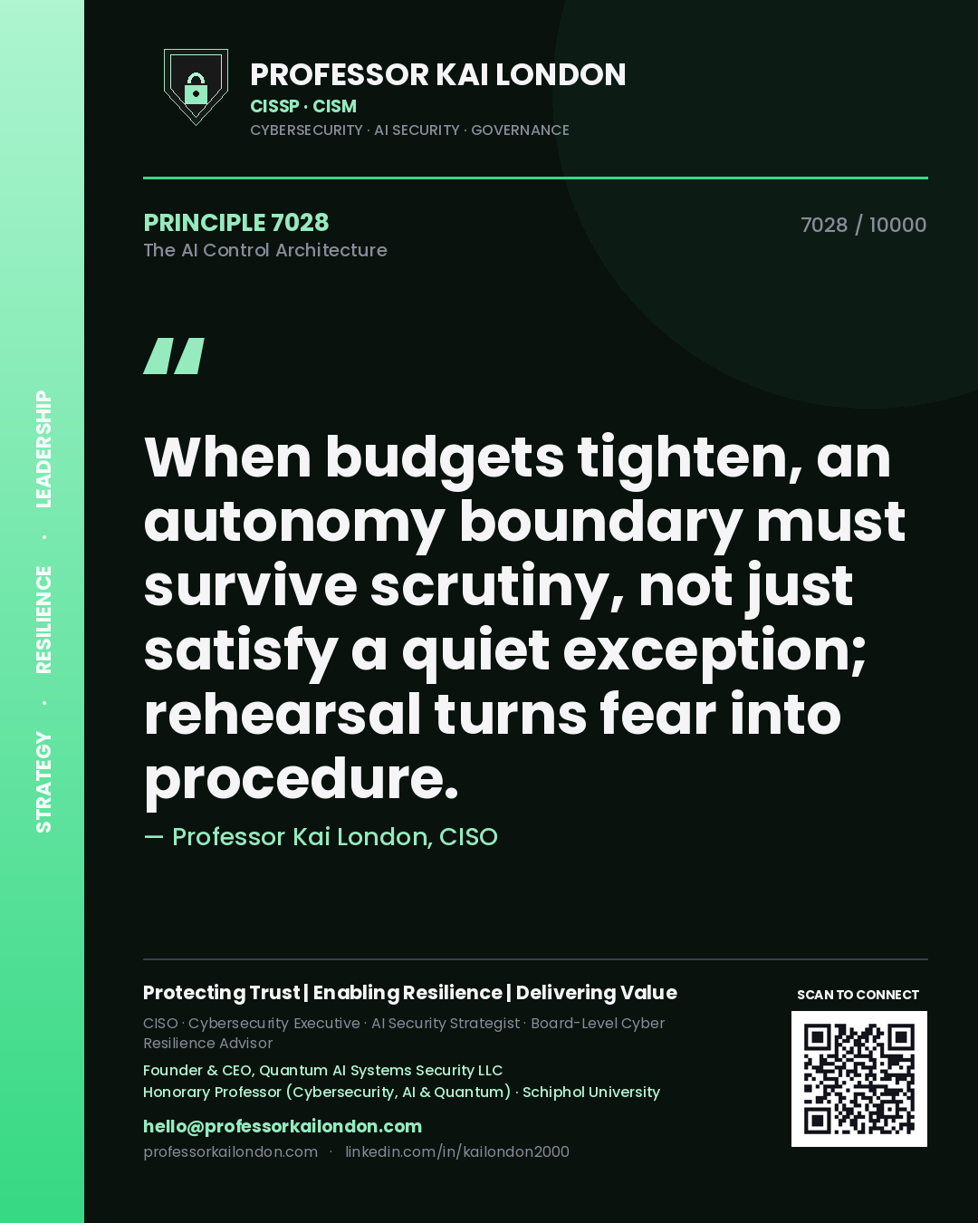 Professor Kai London principle 7028: When budgets tighten, an autonomy boundary must survive scrutiny, not just satisfy a quiet exception; rehearsal turns fear into procedure.