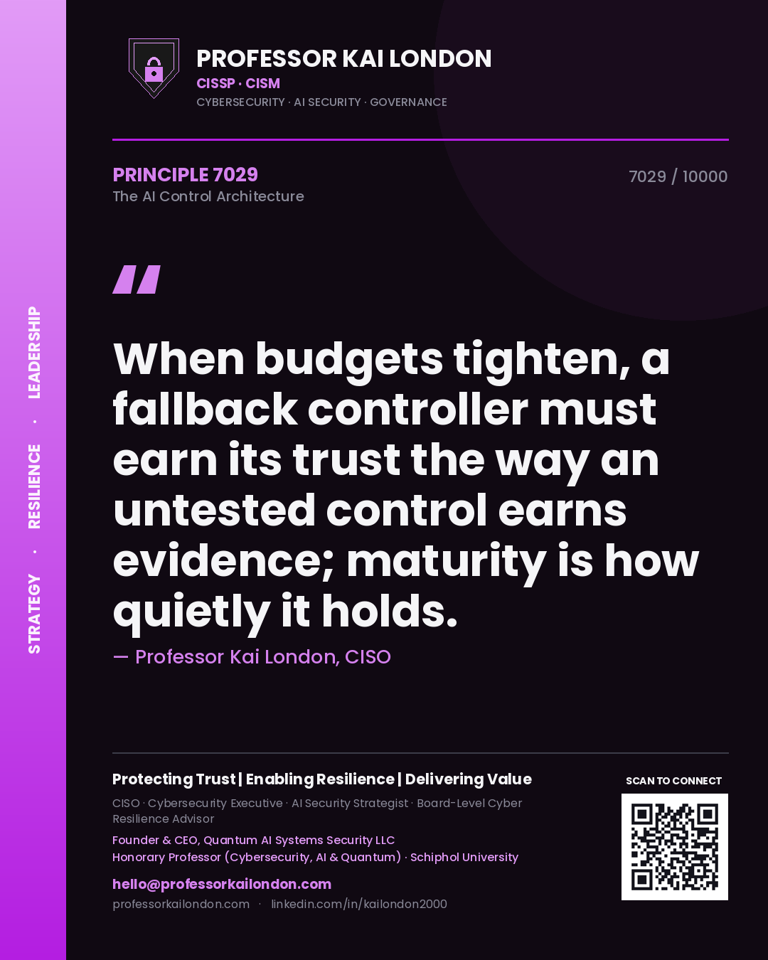 Quote card by Professor Kai London reading 'When budgets tighten, a fallback controller must earn its trust the way an untested control earns evidence; maturity is how quietly it holds.'. From the book The AI Control Architecture.