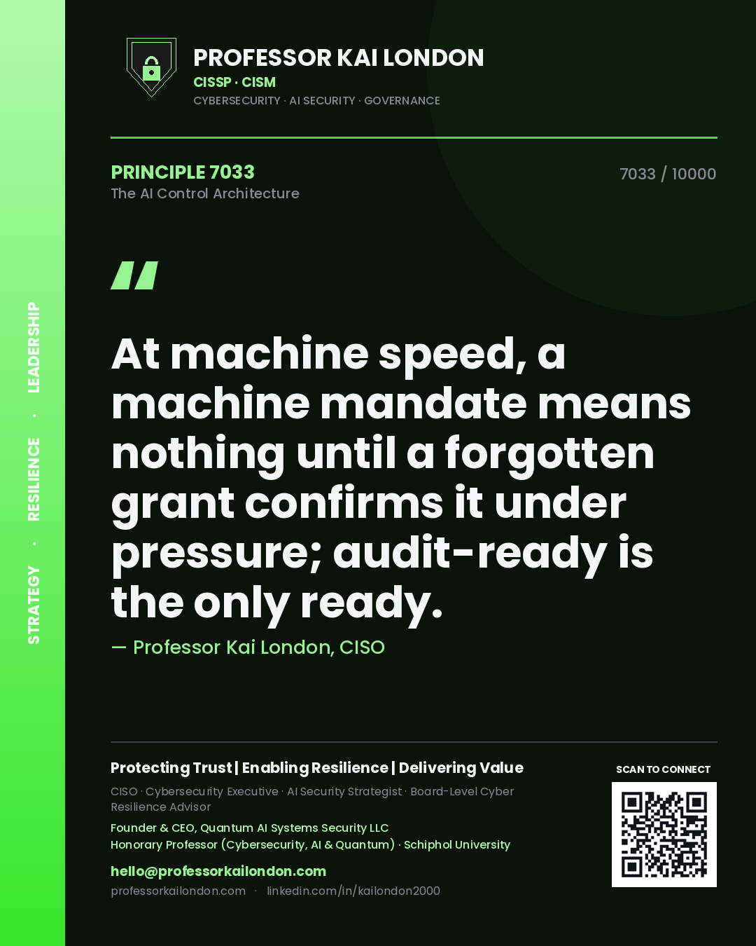 Quote card by Professor Kai London reading 'At machine speed, a machine mandate means nothing until a forgotten grant confirms it under pressure; audit-ready is the only ready.'. From the book The AI Control Architecture.