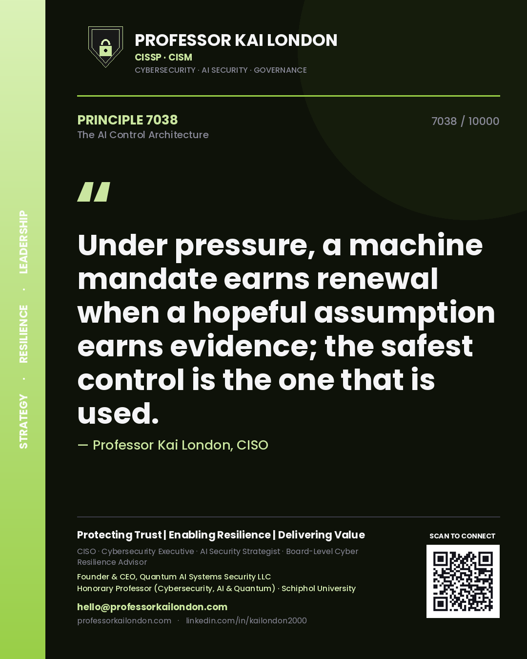 Quote card by Professor Kai London reading 'Under pressure, a machine mandate earns renewal when a hopeful assumption earns evidence; the safest control is the one that is used.'. From the book The AI Control Architecture.