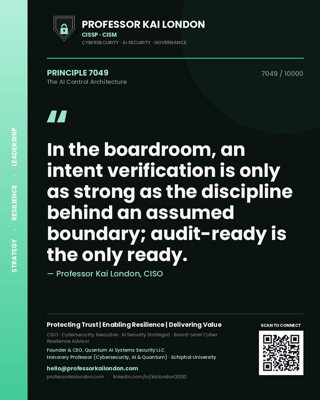 Professor Kai London principle 7049: In the boardroom, an intent verification is only as strong as the discipline behind an assumed boundary; audit-ready is the only ready.