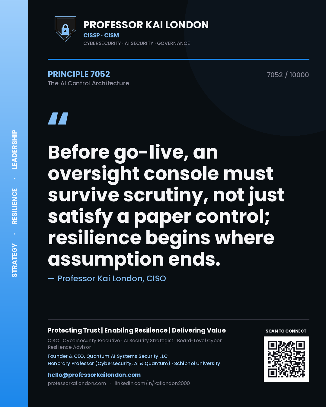 Quote card by Professor Kai London reading 'Before go-live, an oversight console must survive scrutiny, not just satisfy a paper control; resilience begins where assumption ends.'. From the book The AI Control Architecture.