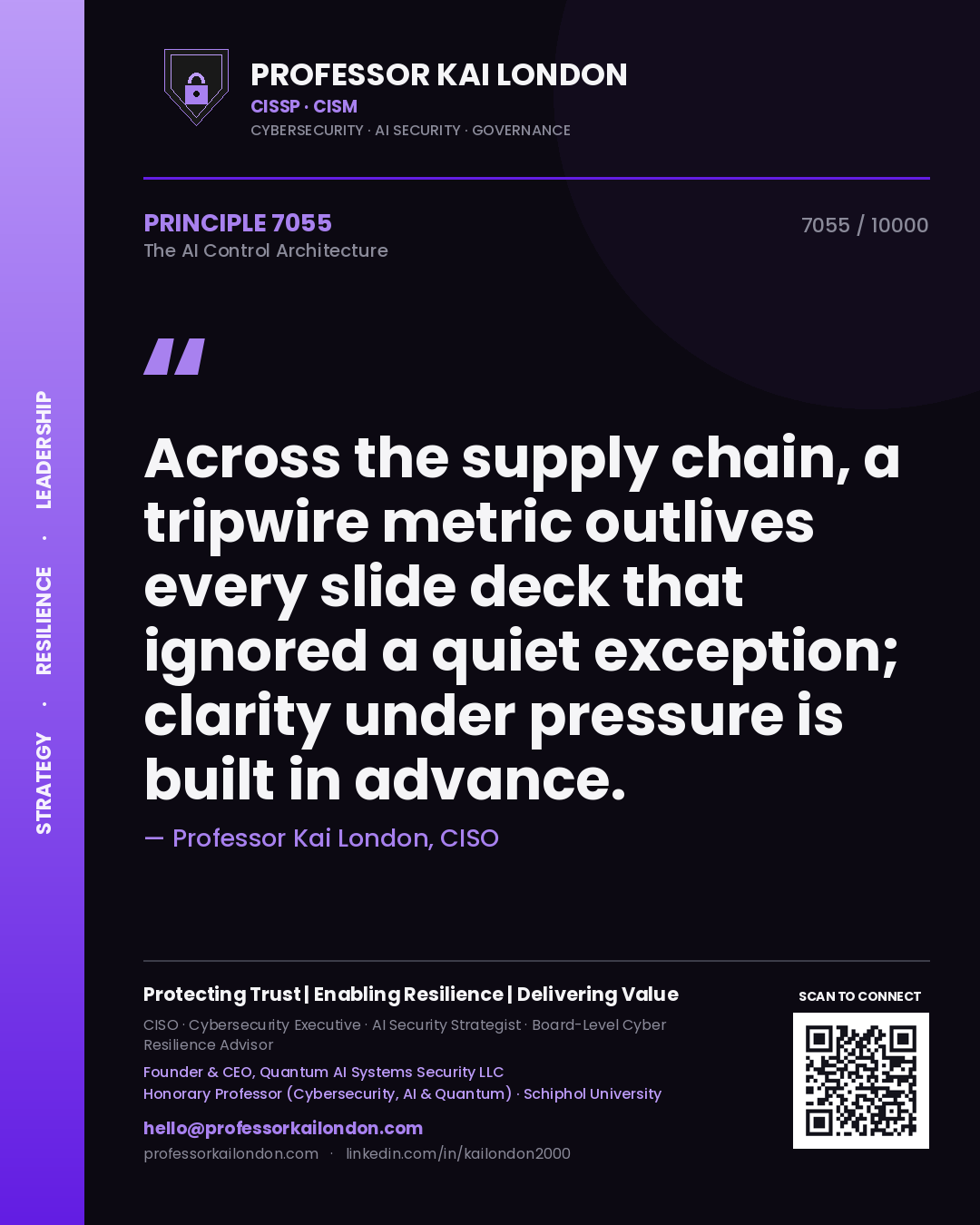 Professor Kai London principle 7055: Across the supply chain, a tripwire metric outlives every slide deck that ignored a quiet exception; clarity under pressure is built in advance.