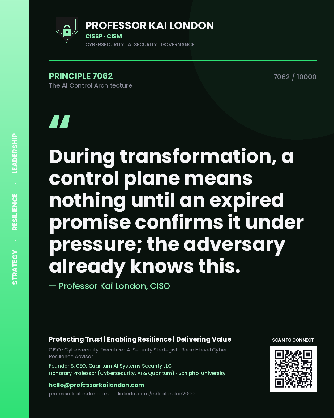 Professor Kai London principle 7062: During transformation, a control plane means nothing until an expired promise confirms it under pressure; the adversary already knows this.