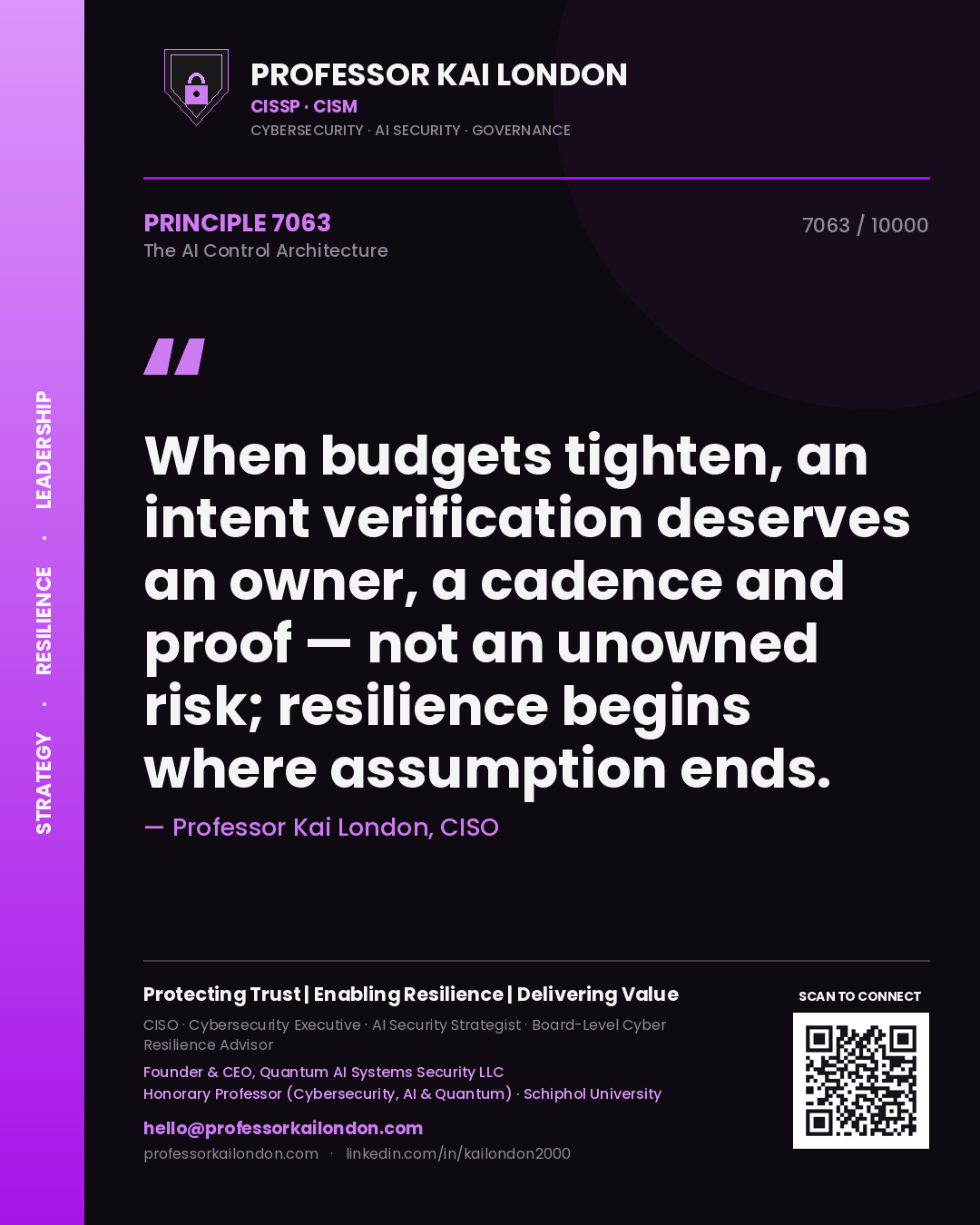 Professor Kai London principle 7063: When budgets tighten, an intent verification deserves an owner, a cadence and proof — not an unowned risk; resilience begins where assumption ends.