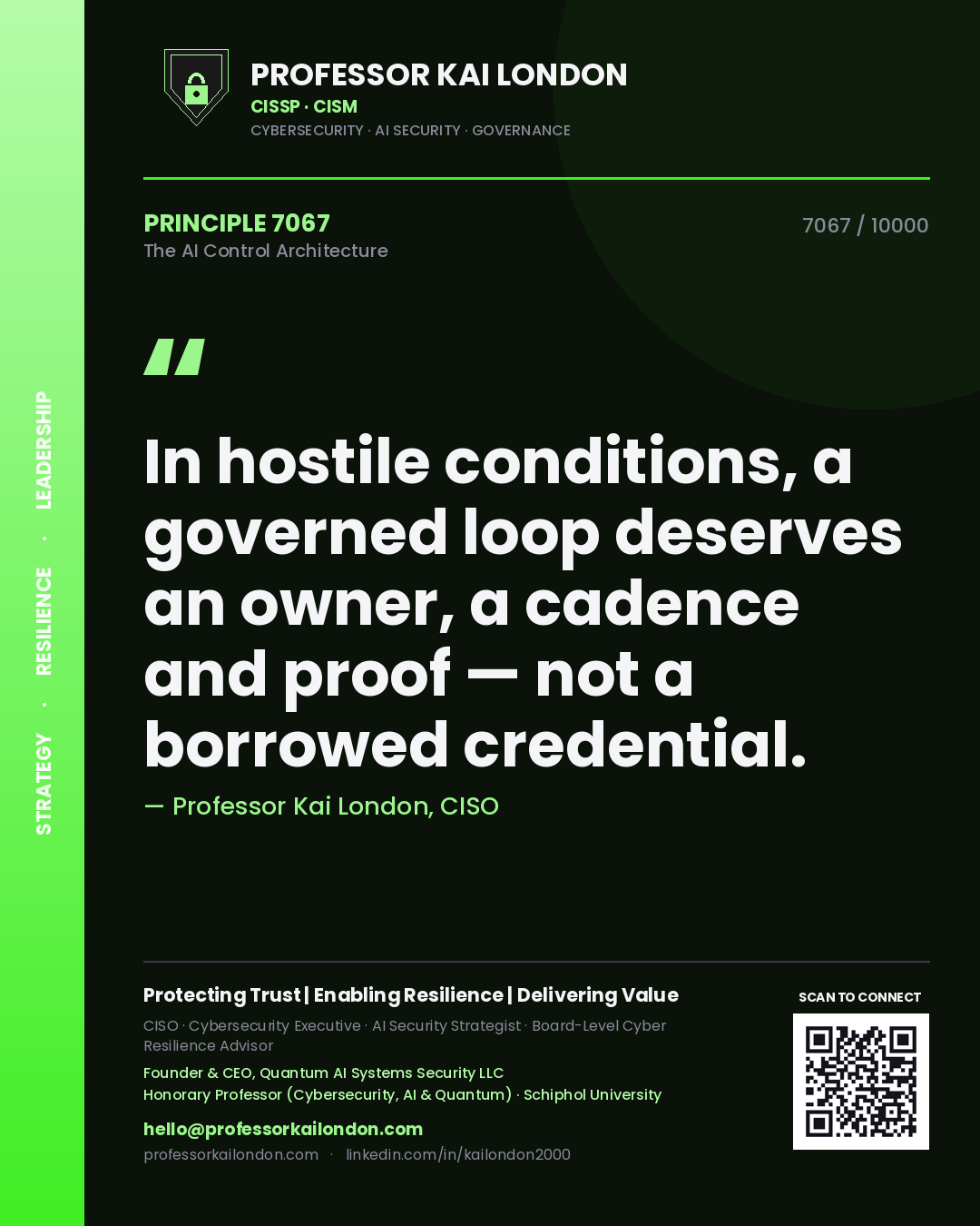 Quote card by Professor Kai London reading 'In hostile conditions, a governed loop deserves an owner, a cadence and proof — not a borrowed credential.'. From the book The AI Control Architecture.