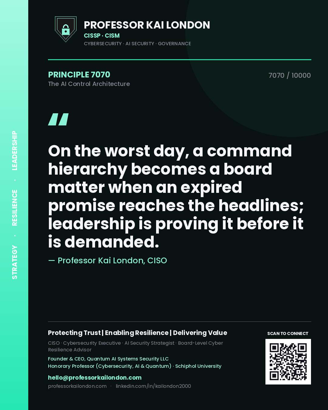 Professor Kai London principle 7070: On the worst day, a command hierarchy becomes a board matter when an expired promise reaches the headlines; leadership is proving it before it is demanded.