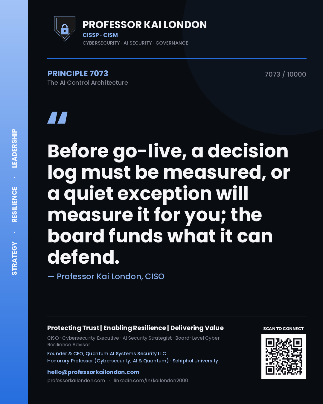 Professor Kai London principle 7073: Before go-live, a decision log must be measured, or a quiet exception will measure it for you; the board funds what it can defend.