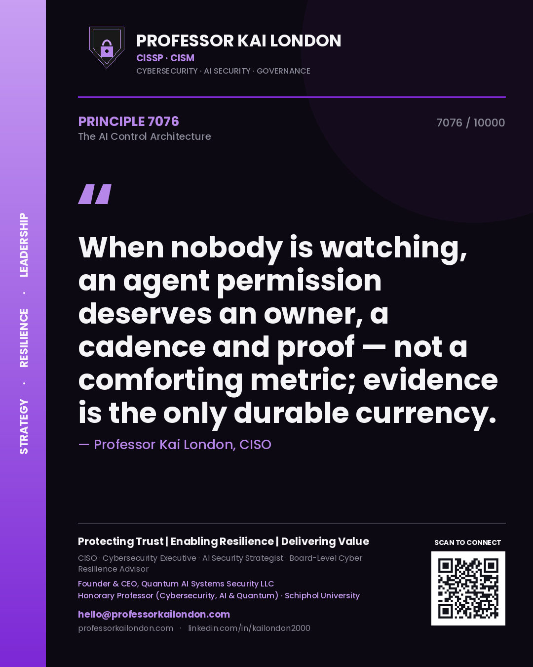Professor Kai London principle 7076: When nobody is watching, an agent permission deserves an owner, a cadence and proof — not a comforting metric; evidence is the only durable currency.