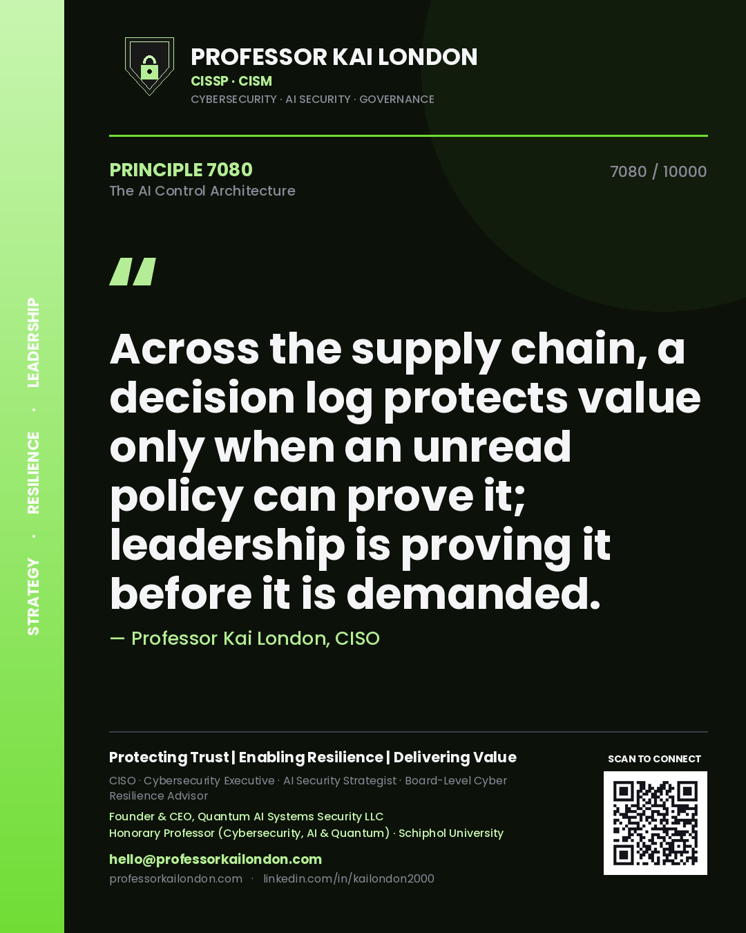 Quote card by Professor Kai London reading 'Across the supply chain, a decision log protects value only when an unread policy can prove it; leadership is proving it before it is demanded.'. From the book The AI Control Architecture.