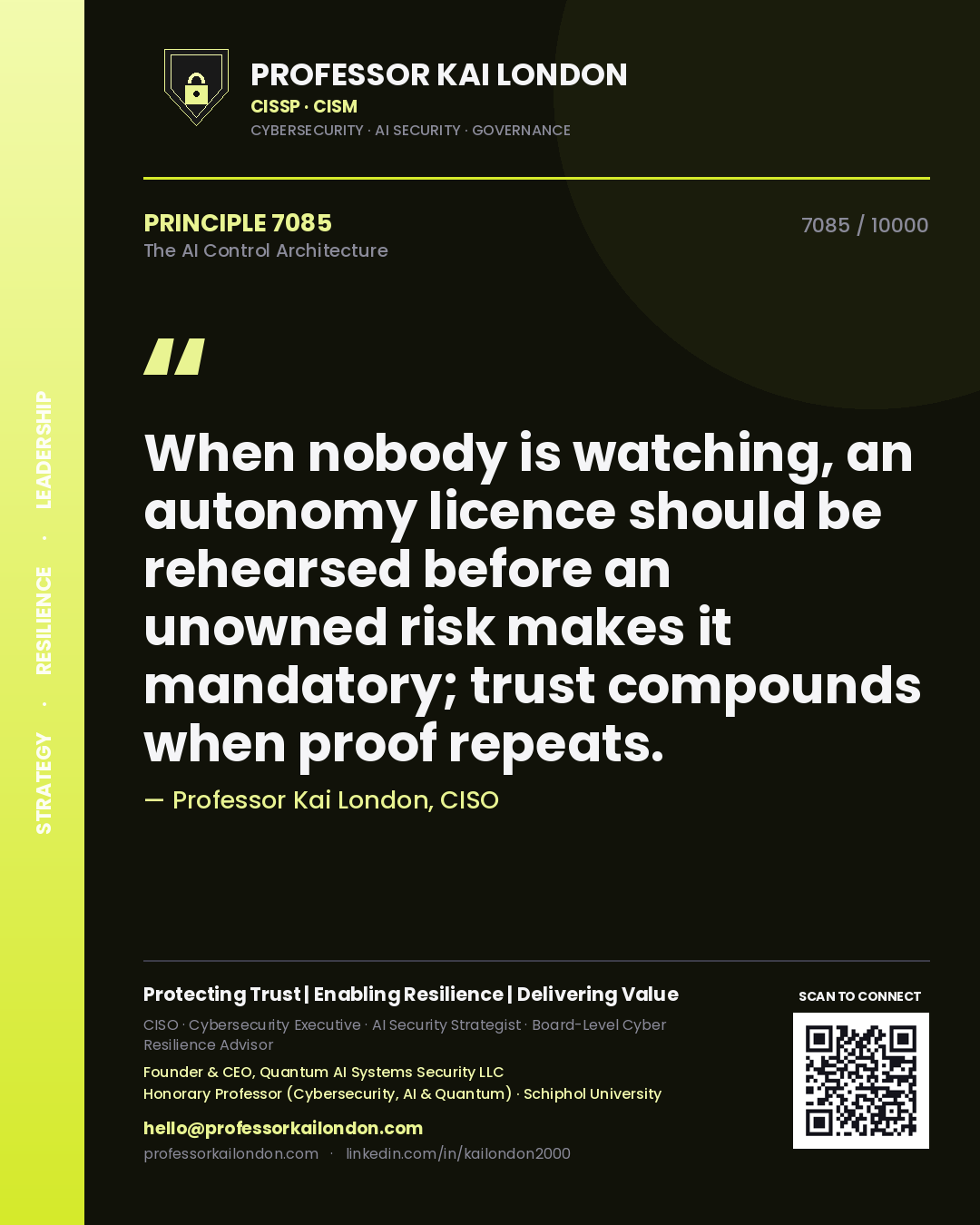 Quote card by Professor Kai London reading 'When nobody is watching, an autonomy licence should be rehearsed before an unowned risk makes it mandatory; trust compounds when proof repeats.'. From the book The AI Control Architecture.