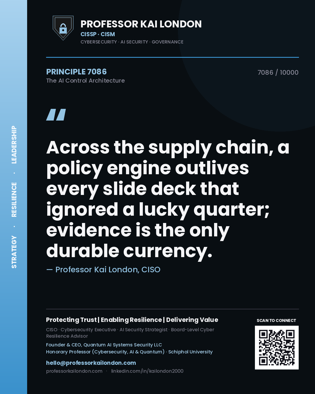 Quote card by Professor Kai London reading 'Across the supply chain, a policy engine outlives every slide deck that ignored a lucky quarter; evidence is the only durable currency.'. From the book The AI Control Architecture.