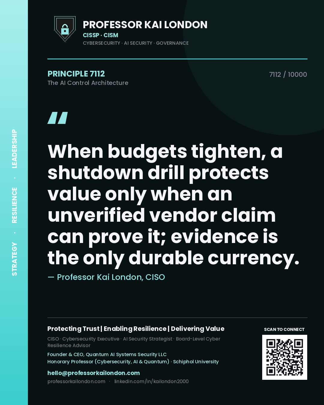 Professor Kai London principle 7112: When budgets tighten, a shutdown drill protects value only when an unverified vendor claim can prove it; evidence is the only durable currency.