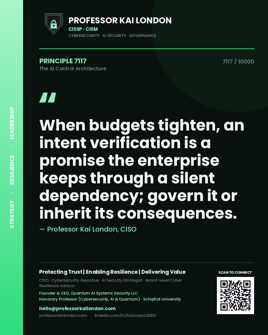 Professor Kai London principle 7117: When budgets tighten, an intent verification is a promise the enterprise keeps through a silent dependency; govern it or inherit its consequences.