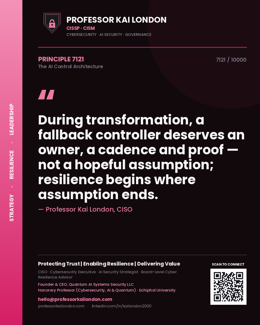Professor Kai London principle 7121: During transformation, a fallback controller deserves an owner, a cadence and proof — not a hopeful assumption; resilience begins where assumption ends.