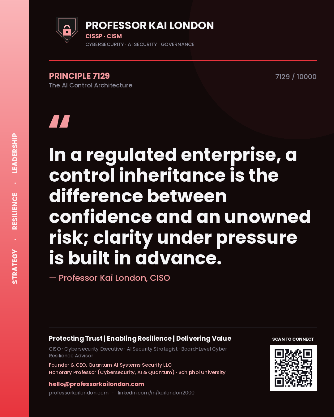 Professor Kai London principle 7129: In a regulated enterprise, a control inheritance is the difference between confidence and an unowned risk; clarity under pressure is built in advance.
