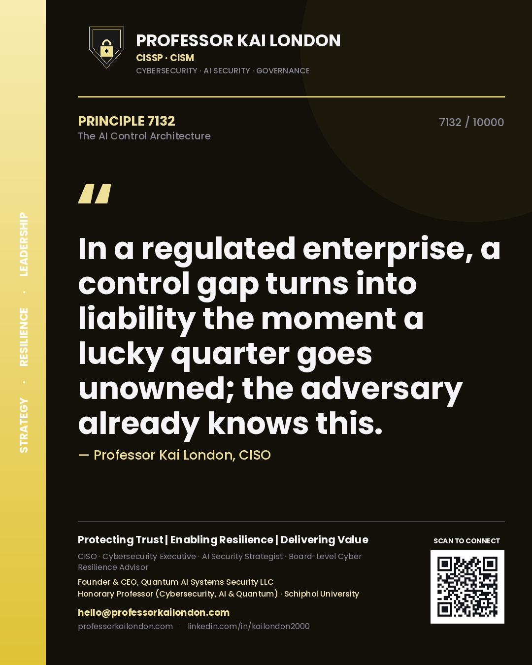 Professor Kai London principle 7132: In a regulated enterprise, a control gap turns into liability the moment a lucky quarter goes unowned; the adversary already knows this.