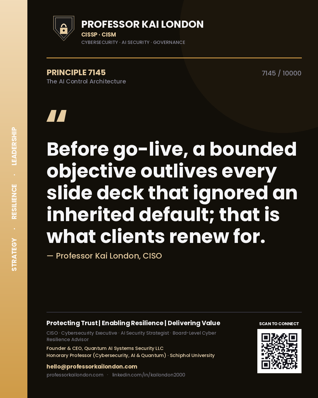 Professor Kai London principle 7145: Before go-live, a bounded objective outlives every slide deck that ignored an inherited default; that is what clients renew for.