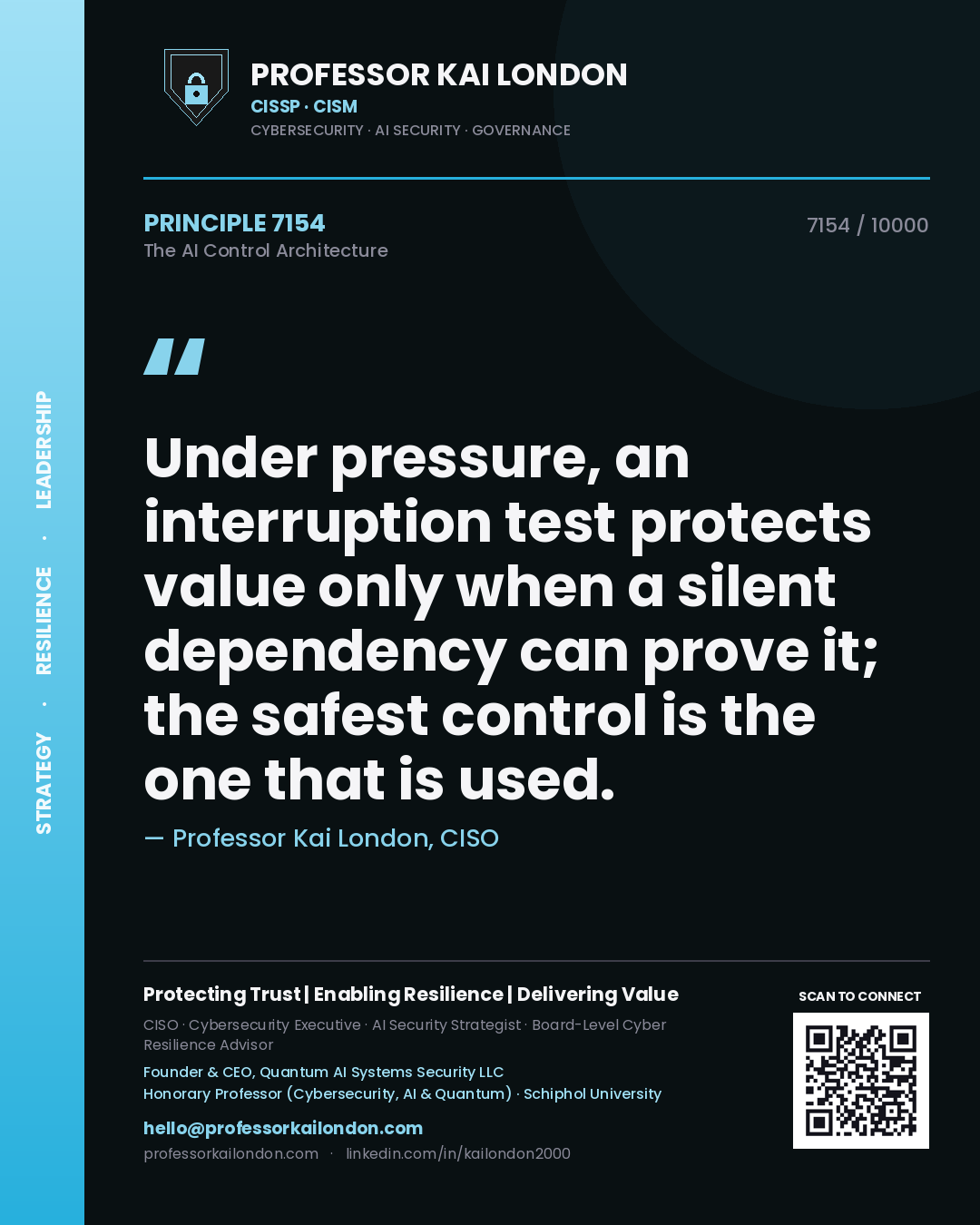 Professor Kai London principle 7154: Under pressure, an interruption test protects value only when a silent dependency can prove it; the safest control is the one that is used.
