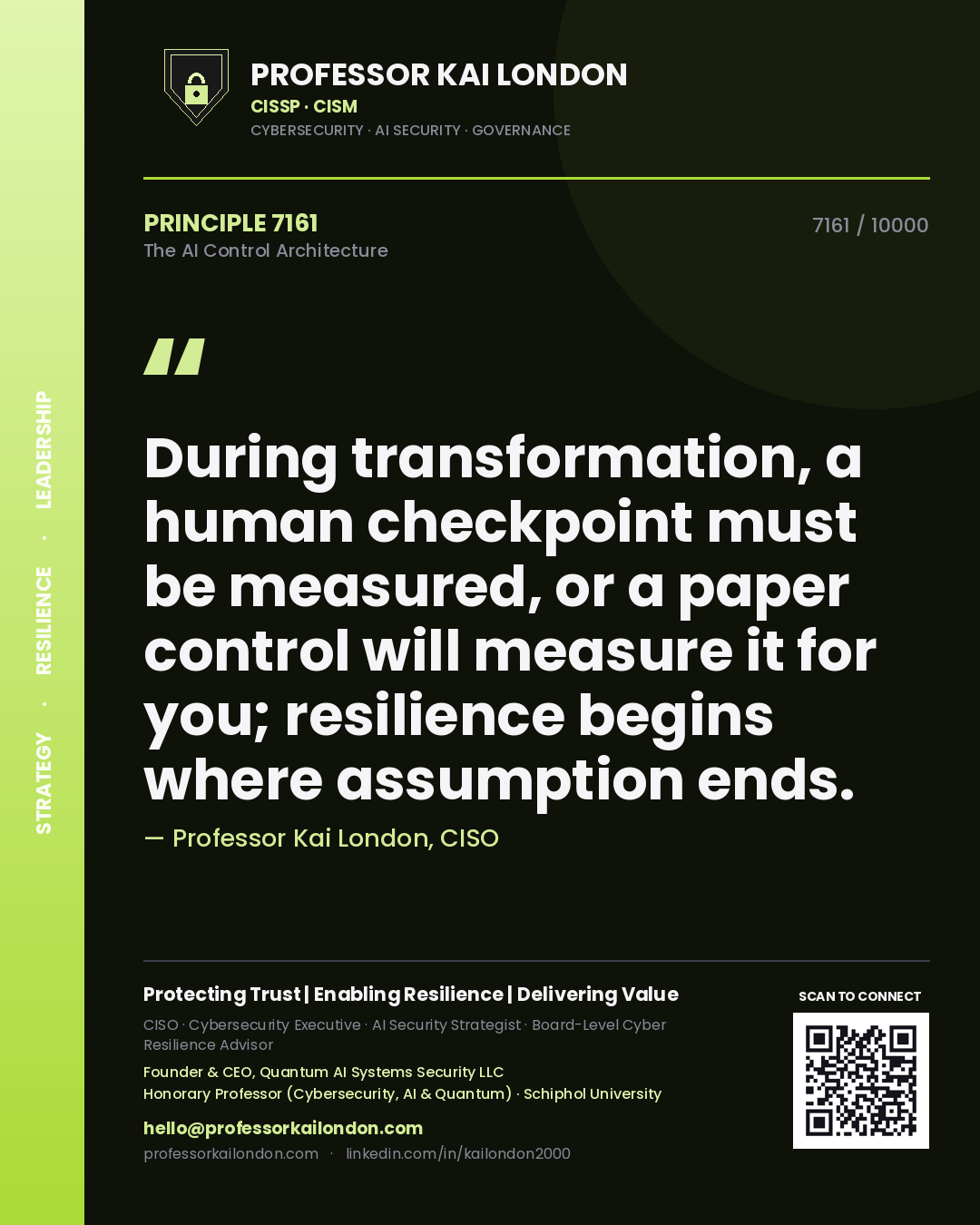 Professor Kai London principle 7161: During transformation, a human checkpoint must be measured, or a paper control will measure it for you; resilience begins where assumption ends.