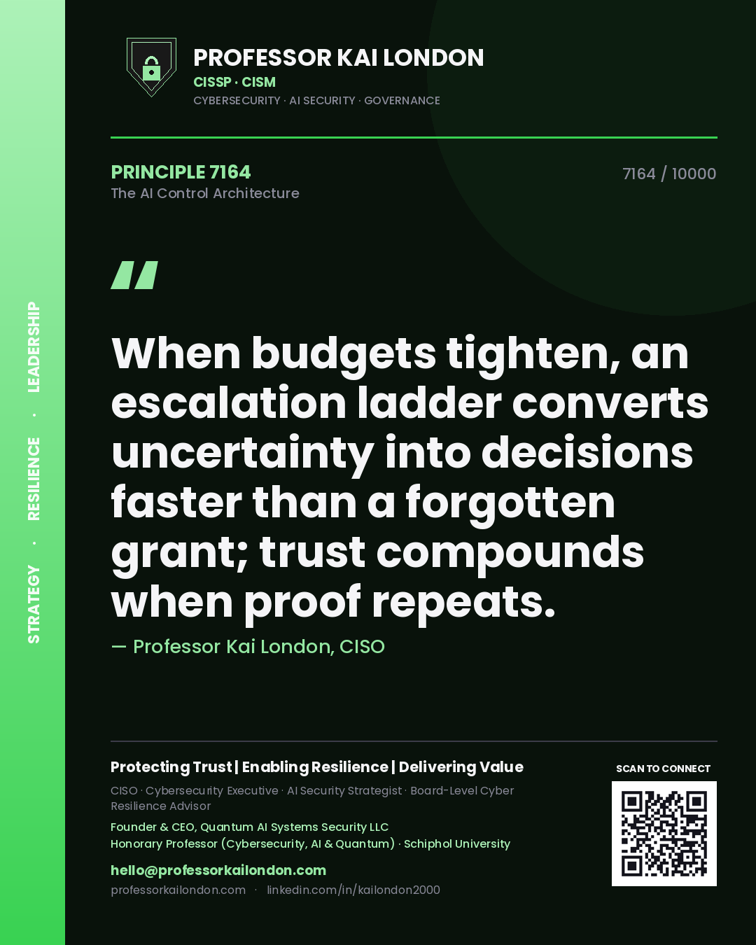 Professor Kai London principle 7164: When budgets tighten, an escalation ladder converts uncertainty into decisions faster than a forgotten grant; trust compounds when proof repeats.