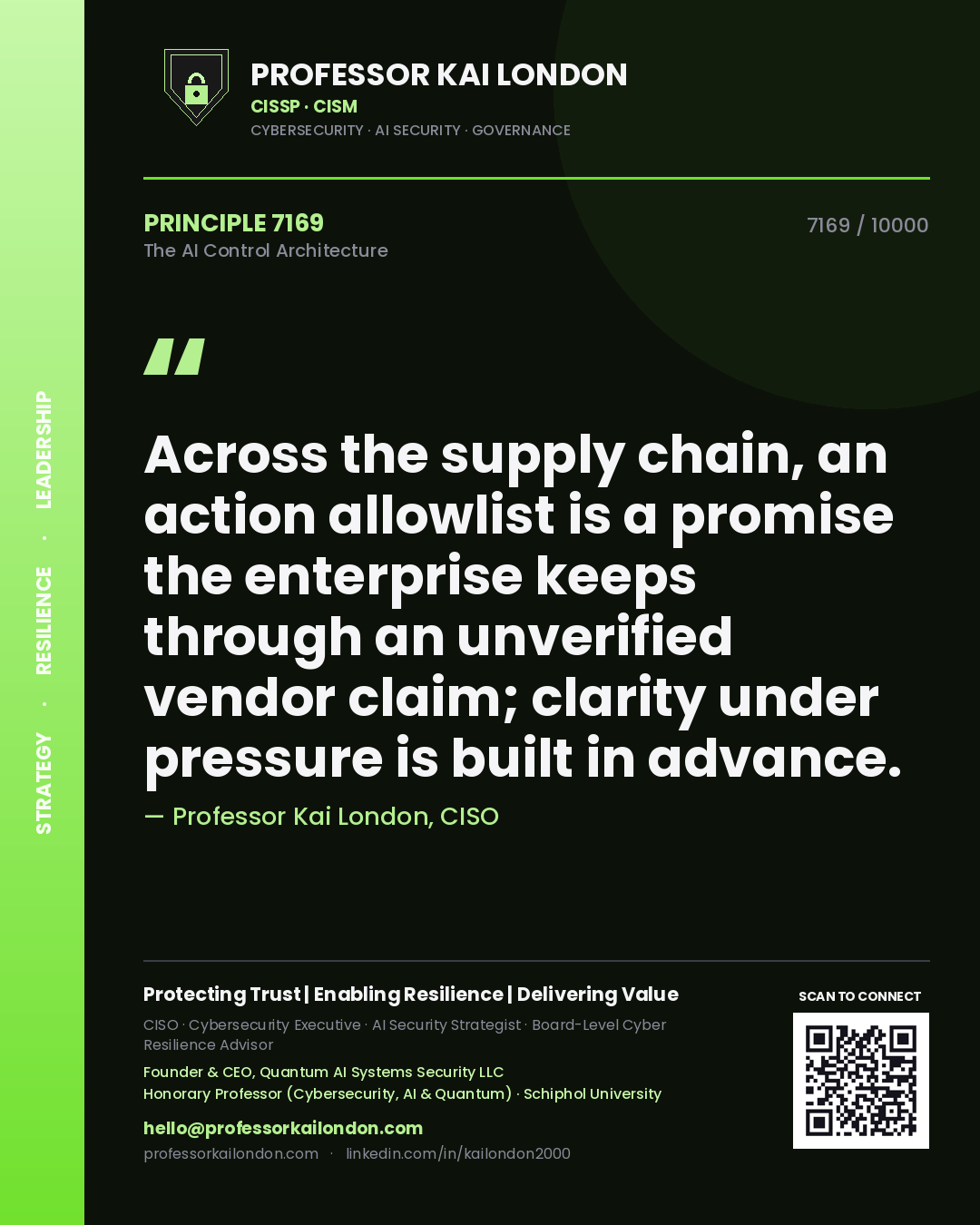 Quote card by Professor Kai London reading 'Across the supply chain, an action allowlist is a promise the enterprise keeps through an unverified vendor claim; clarity under pressure is built in advance.'. From the book The AI Control Architecture.