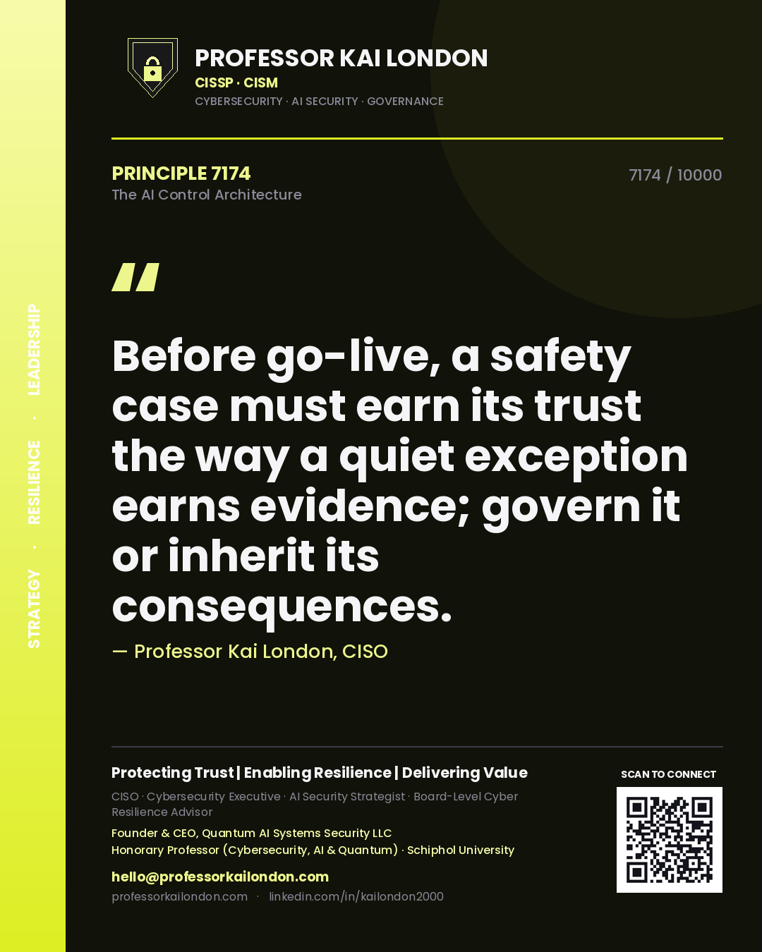 Professor Kai London principle 7174: Before go-live, a safety case must earn its trust the way a quiet exception earns evidence; govern it or inherit its consequences.