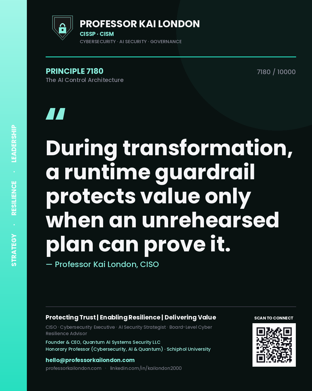 Professor Kai London principle 7180: During transformation, a runtime guardrail protects value only when an unrehearsed plan can prove it.