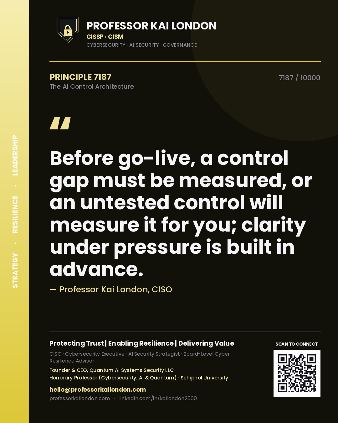 Quote card by Professor Kai London reading 'Before go-live, a control gap must be measured, or an untested control will measure it for you; clarity under pressure is built in advance.'. From the book The AI Control Architecture.