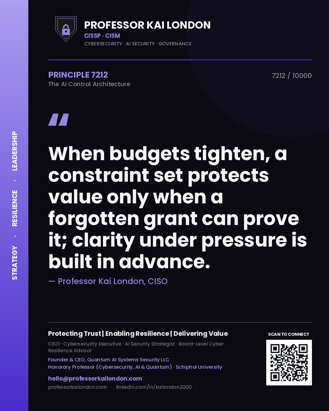 Professor Kai London principle 7212: When budgets tighten, a constraint set protects value only when a forgotten grant can prove it; clarity under pressure is built in advance.