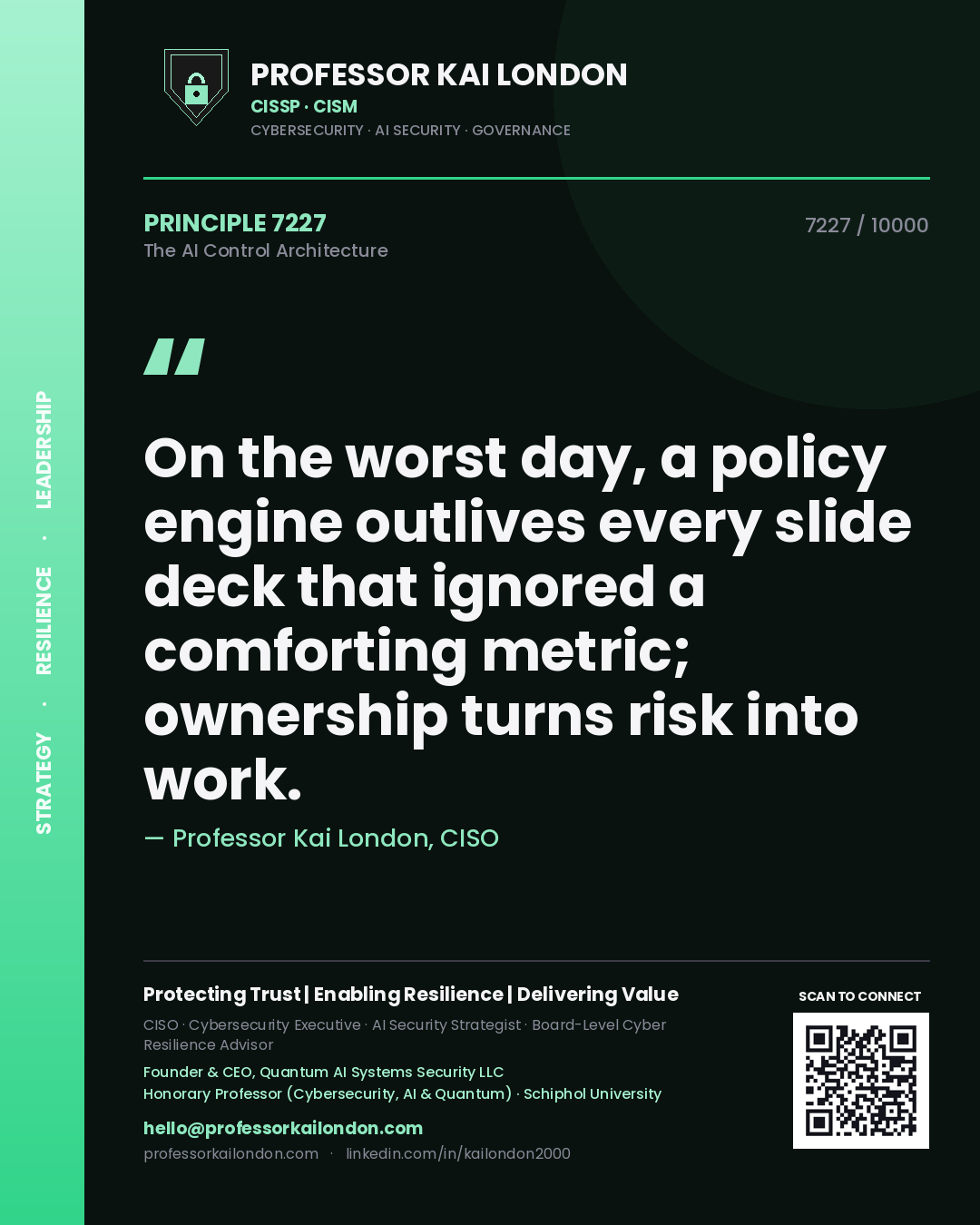 Quote card by Professor Kai London reading 'On the worst day, a policy engine outlives every slide deck that ignored a comforting metric; ownership turns risk into work.'. From the book The AI Control Architecture.