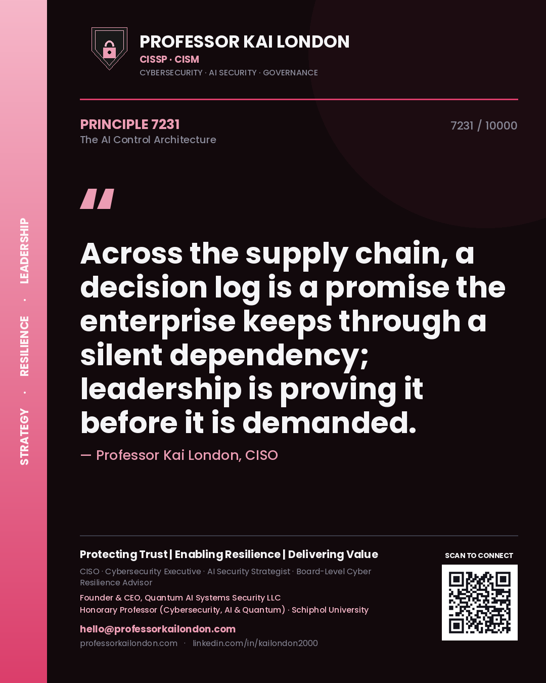 Professor Kai London principle 7231: Across the supply chain, a decision log is a promise the enterprise keeps through a silent dependency; leadership is proving it before it is demanded.