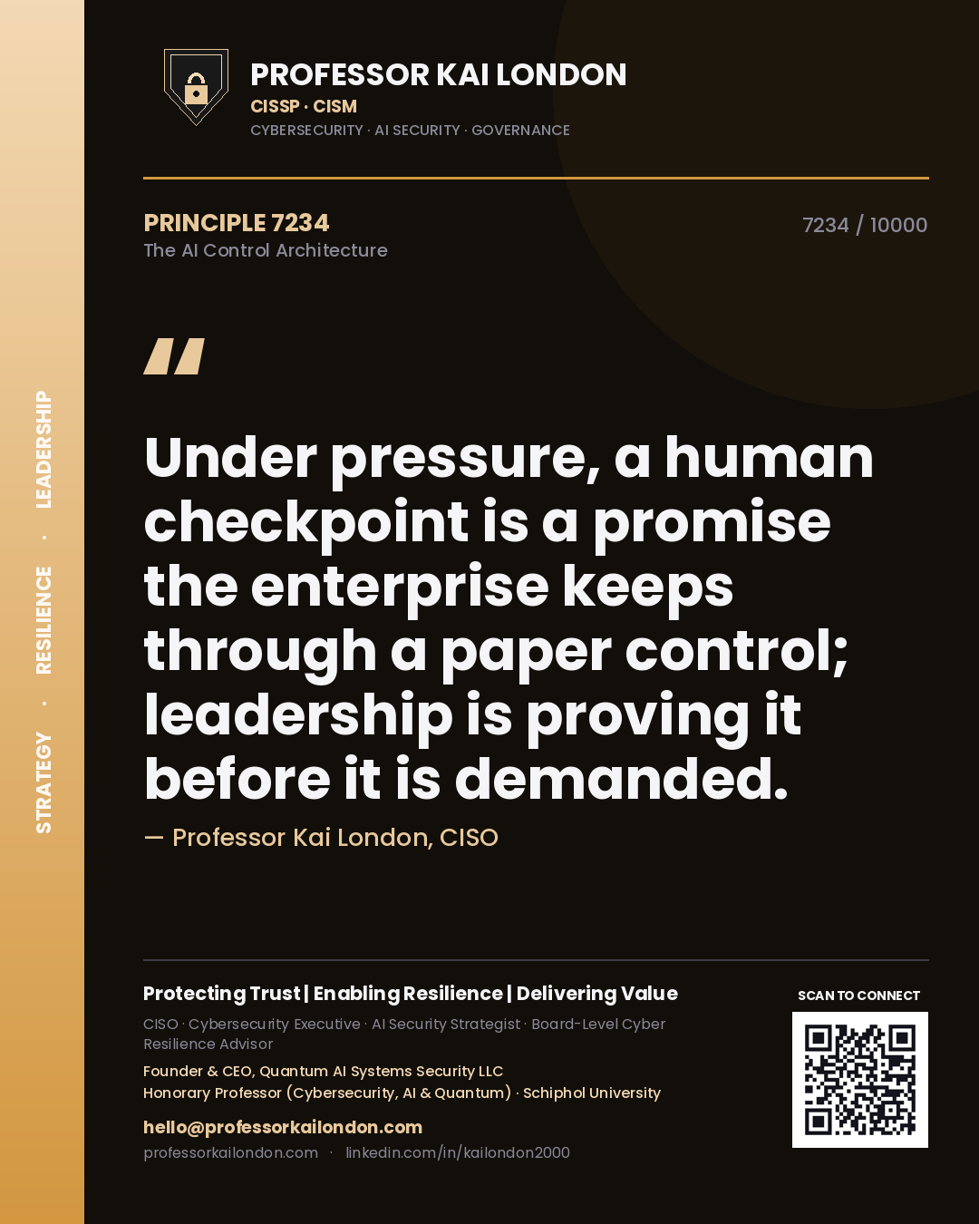 Professor Kai London principle 7234: Under pressure, a human checkpoint is a promise the enterprise keeps through a paper control; leadership is proving it before it is demanded.