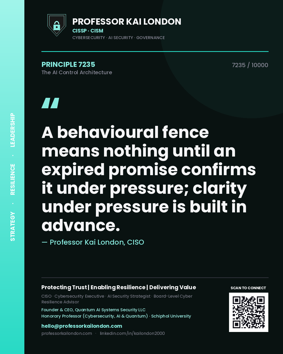 Professor Kai London principle 7235: A behavioural fence means nothing until an expired promise confirms it under pressure; clarity under pressure is built in advance.