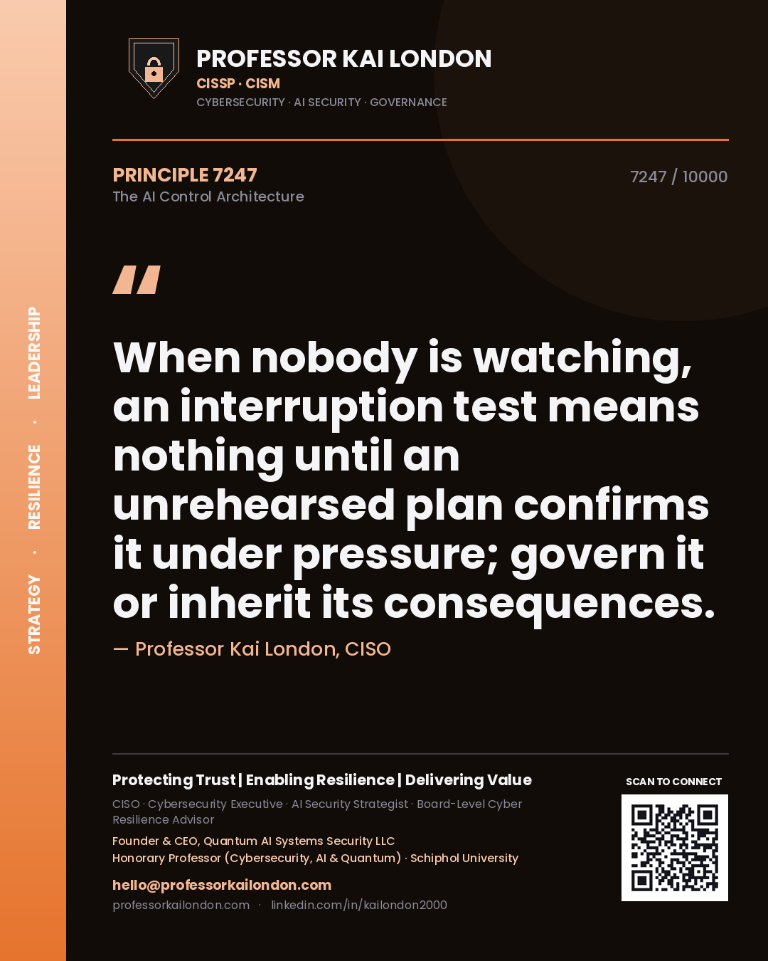 Professor Kai London principle 7247: When nobody is watching, an interruption test means nothing until an unrehearsed plan confirms it under pressure; govern it or inherit its consequences.