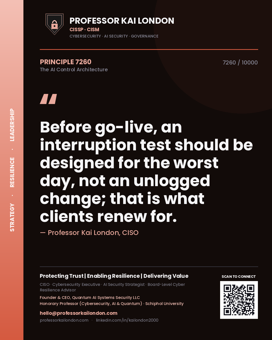 Quote card by Professor Kai London reading 'Before go-live, an interruption test should be designed for the worst day, not an unlogged change; that is what clients renew for.'. From the book The AI Control Architecture.