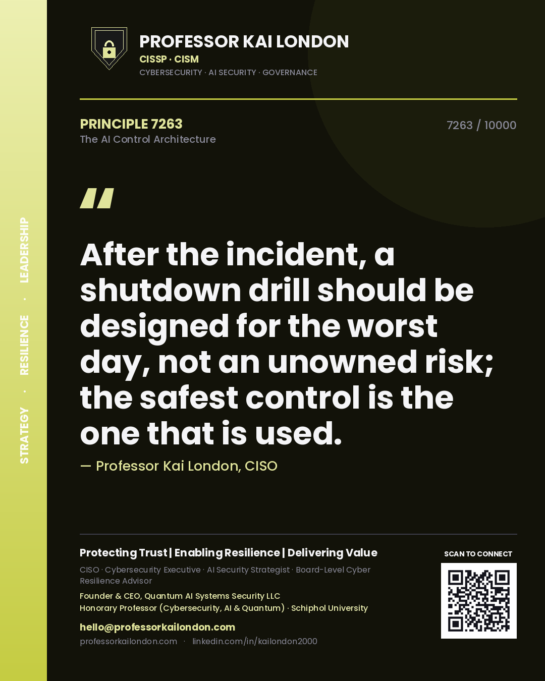 Quote card by Professor Kai London reading 'After the incident, a shutdown drill should be designed for the worst day, not an unowned risk; the safest control is the one that is used.'. From the book The AI Control Architecture.