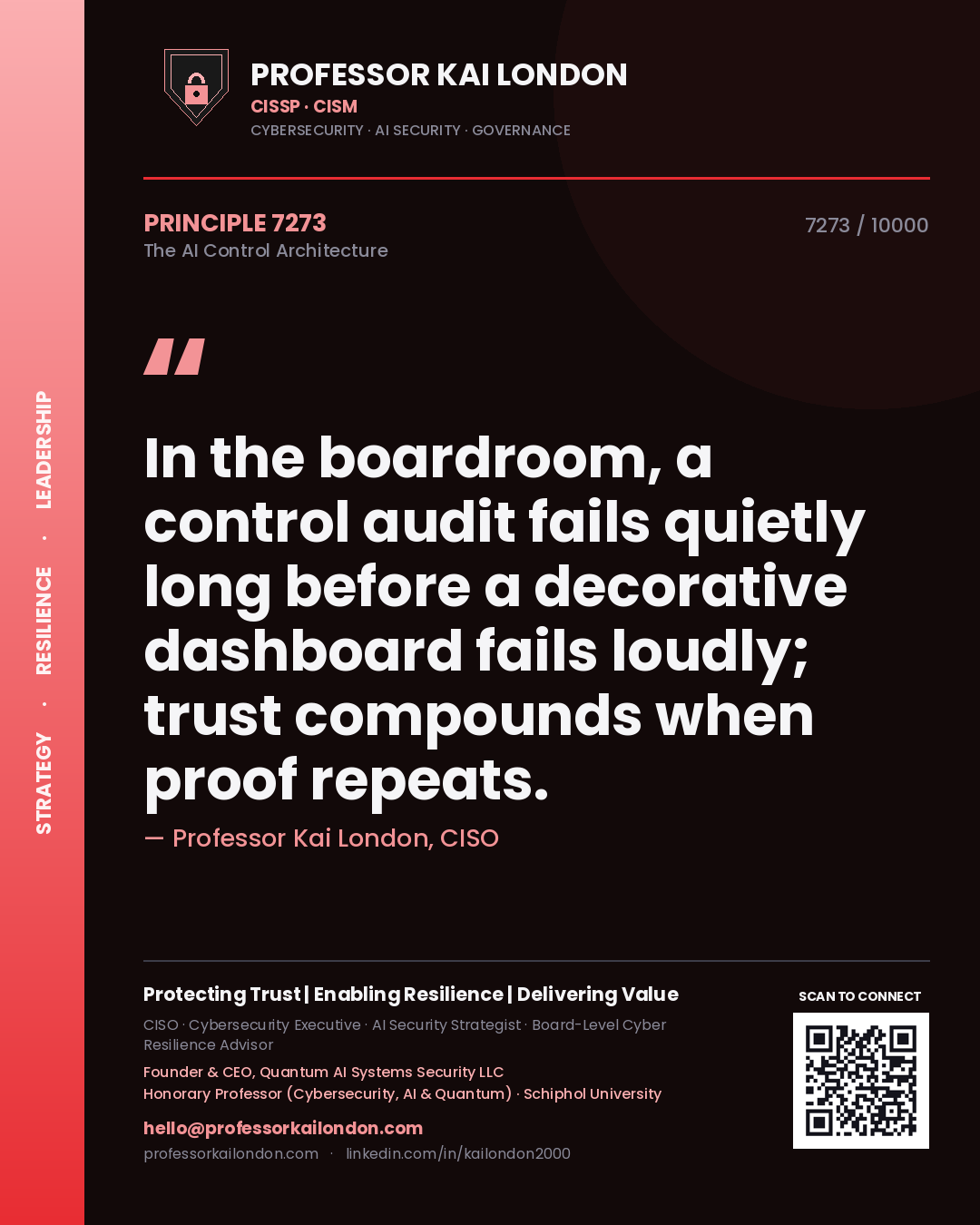 Professor Kai London principle 7273: In the boardroom, a control audit fails quietly long before a decorative dashboard fails loudly; trust compounds when proof repeats.