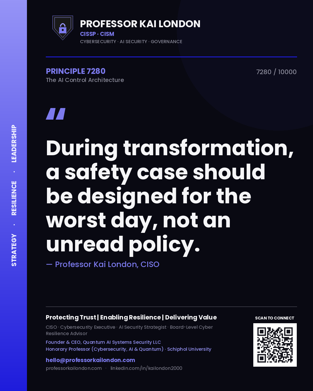 Professor Kai London principle 7280: During transformation, a safety case should be designed for the worst day, not an unread policy.